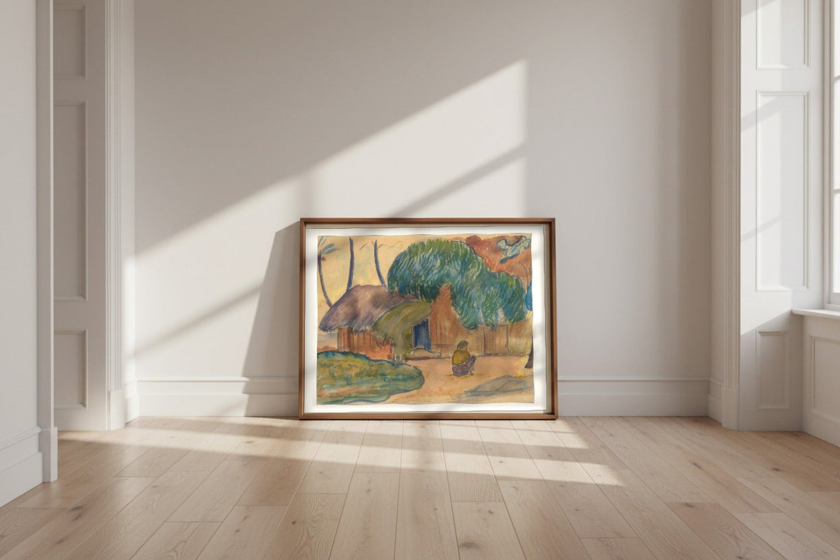 Tahitian Hut — Paul Gauguin Fine Art Poster shown framed and leaning against a wall in a sunlit room