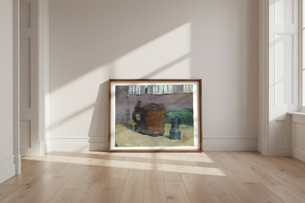 Still Life: Wood Tankard and Metal Pitcher — Paul Gauguin Fine Art Poster shown framed and leaning against a wall in a sunlit room