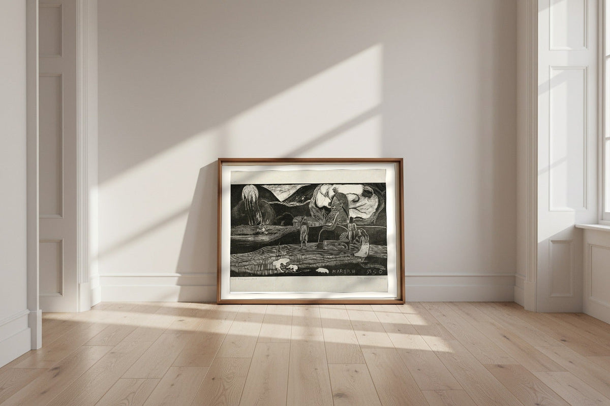 Offerings of Gratitude — Paul Gauguin Fine Art Poster shown framed and leaning against a wall in a sunlit room