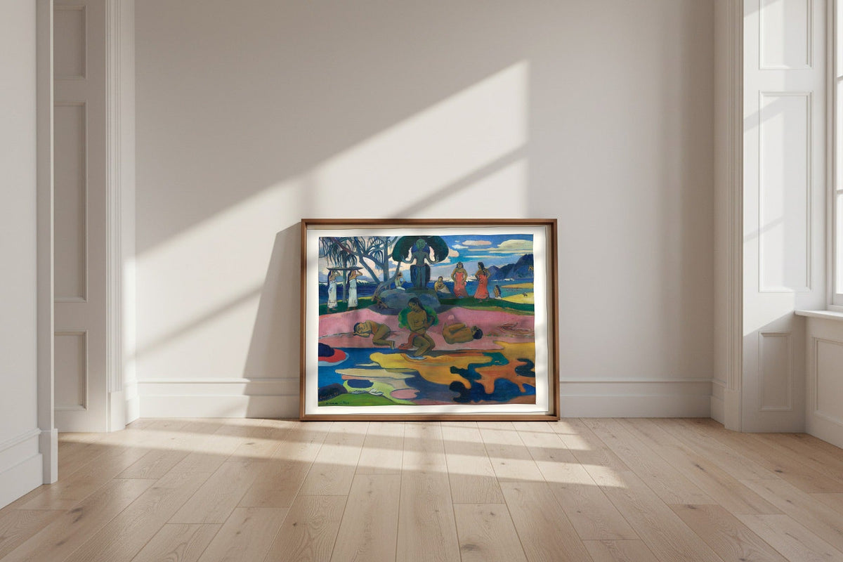 Day of the God — Paul Gauguin Fine Art Poster shown framed and leaning against a wall in a sunlit room
