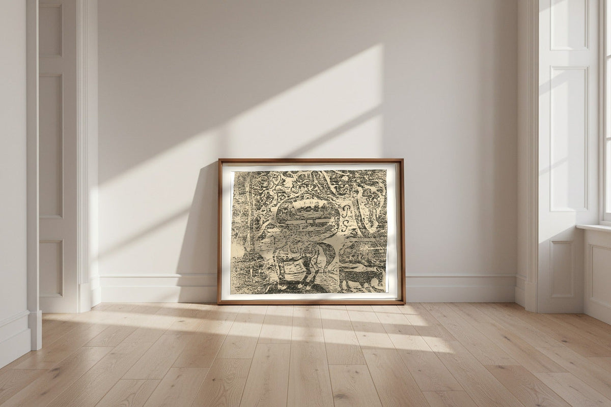 Horse, with Other Animals and Ornaments — Paul Gauguin Fine Art Poster shown framed and leaning against a wall in a sunlit room