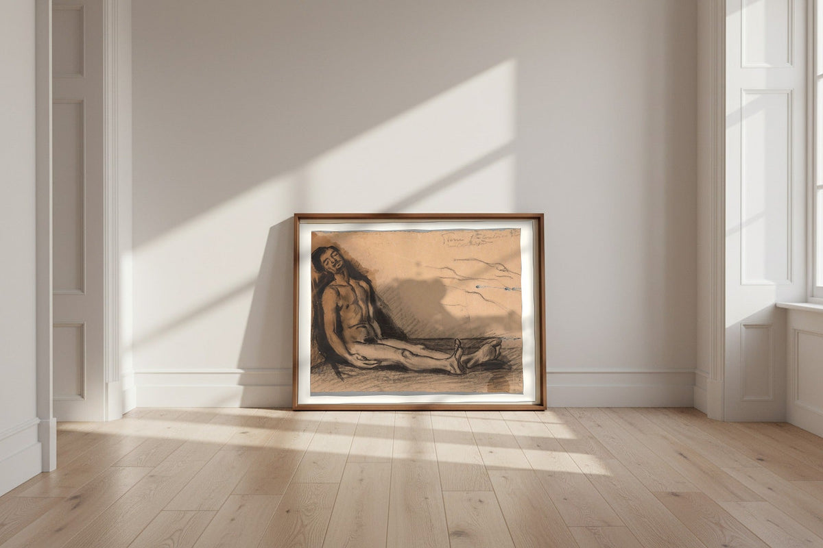 Study for The Autopsy — Paul Cézanne Fine Art Poster shown framed and leaning against a wall in a sunlit room