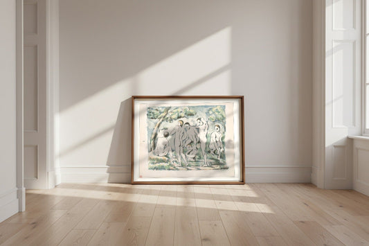 Small Bathers — Paul Cézanne Fine Art Poster shown framed and leaning against a wall in a sunlit room