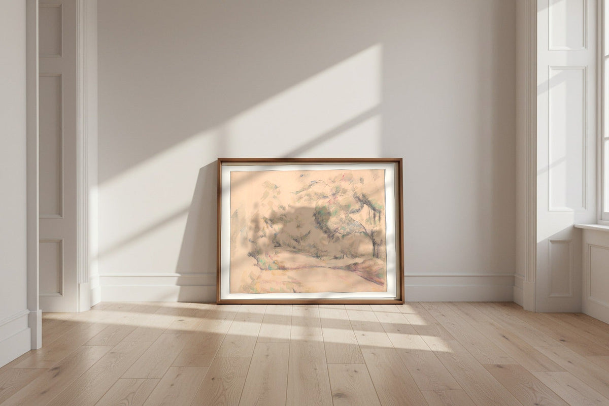 Road in Provence — Paul Cézanne Fine Art Poster shown framed and leaning against a wall in a sunlit room