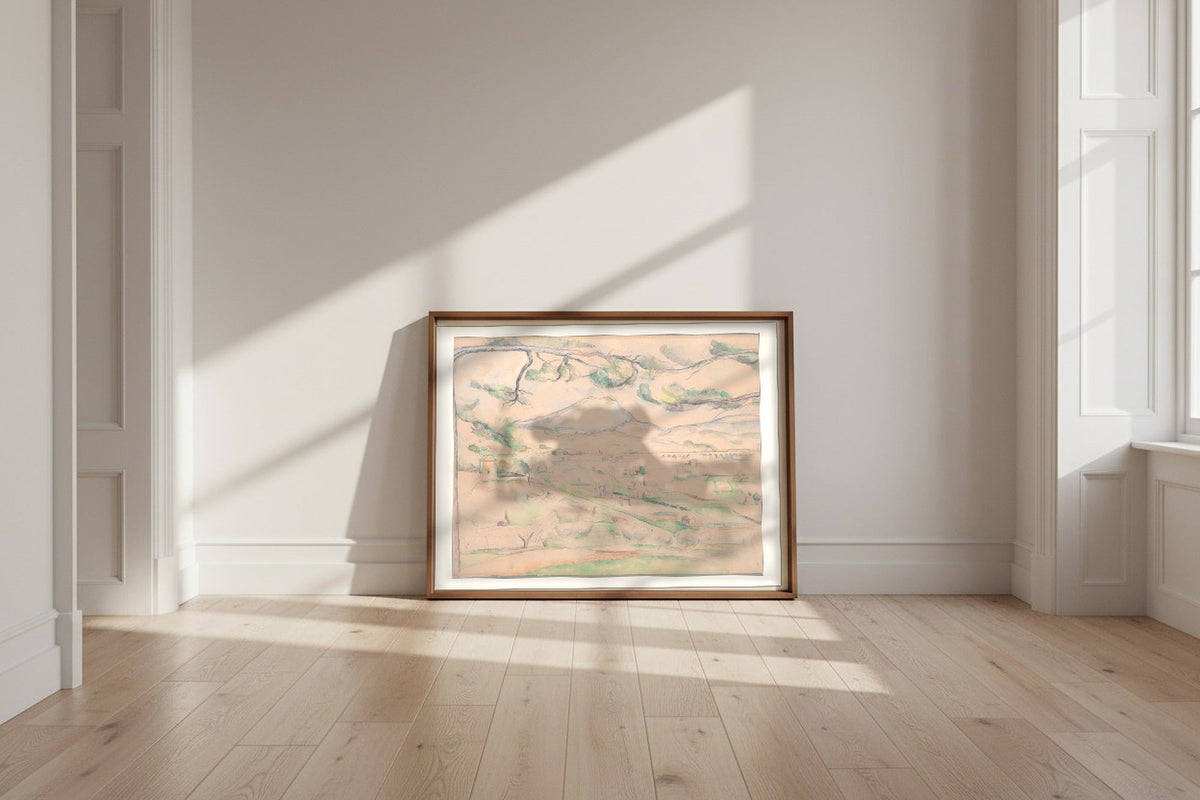 Montagne Sainte-Victoire (The Arc Valley) — Paul Cézanne Fine Art Poster shown framed and leaning against a wall in a sunlit room