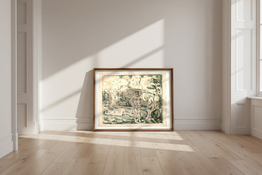 Large Bathers — Paul Cézanne Fine Art Poster shown framed and leaning against a wall in a sunlit room