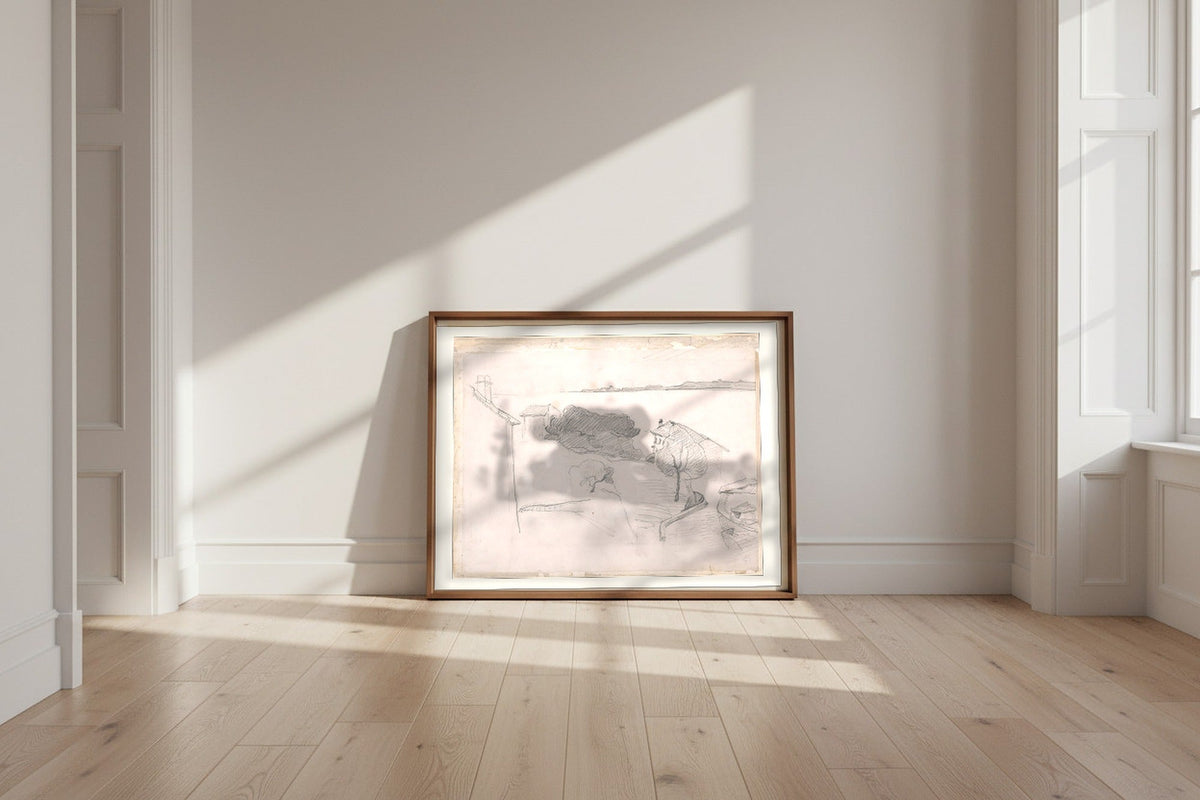 L'Estaque — Paul Cézanne Fine Art Poster shown framed and leaning against a wall in a sunlit room