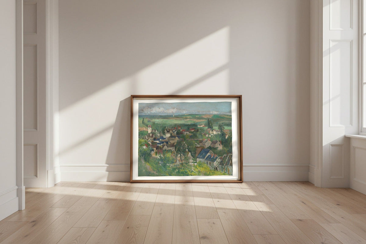 Auvers, Panoramic View — Paul Cézanne Fine Art Poster shown framed and leaning against a wall in a sunlit room