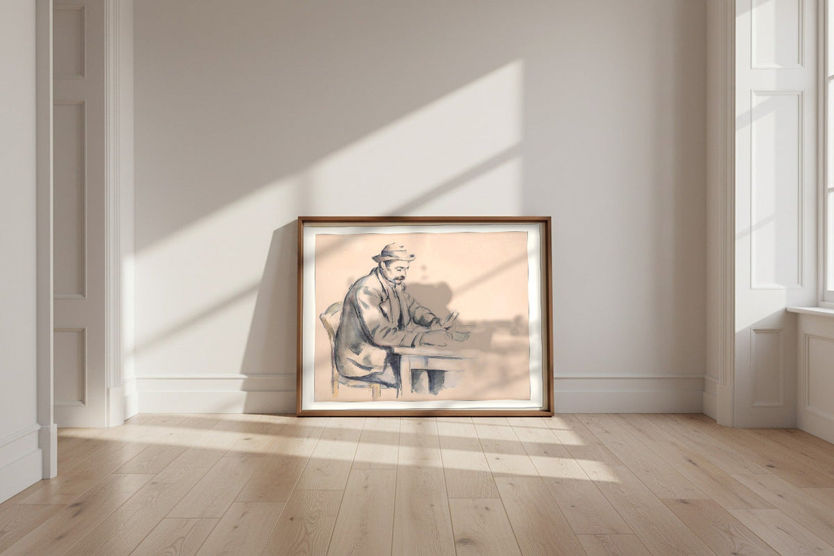 A Study for the Card Players — Paul Cézanne Fine Art Poster shown framed and leaning against a wall in a sunlit room