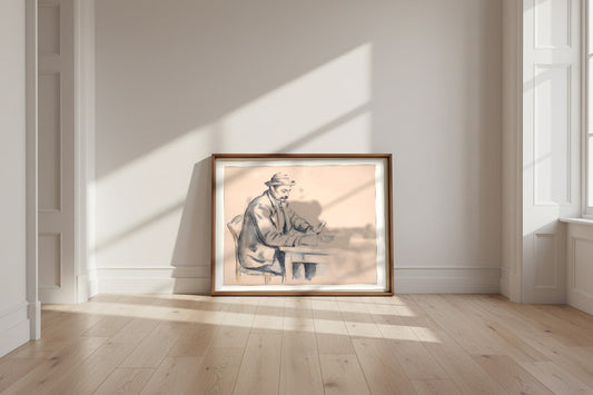 A Study for the Card Players — Paul Cézanne Fine Art Poster shown framed and leaning against a wall in a sunlit room