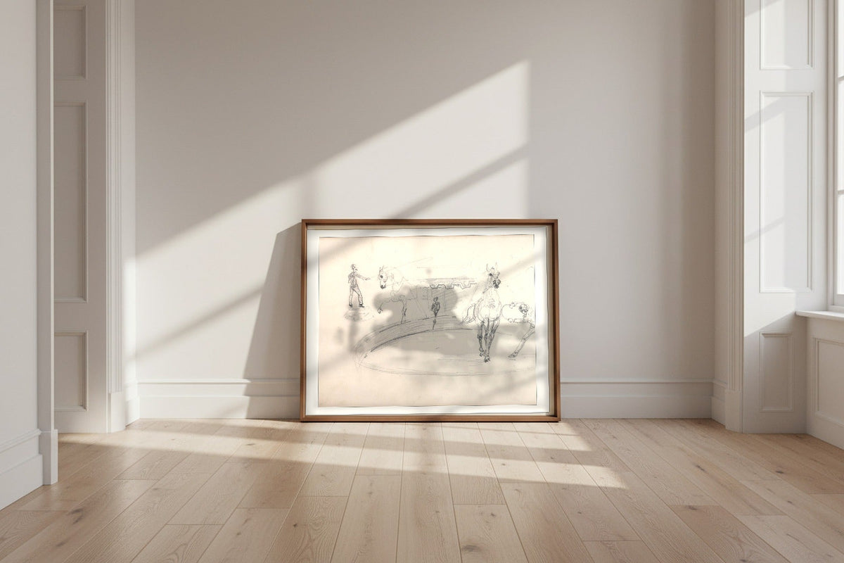Sketchbook, 1880 — Henri de Toulouse-Lautrec Fine Art Poster shown framed and leaning against a wall in a sunlit room