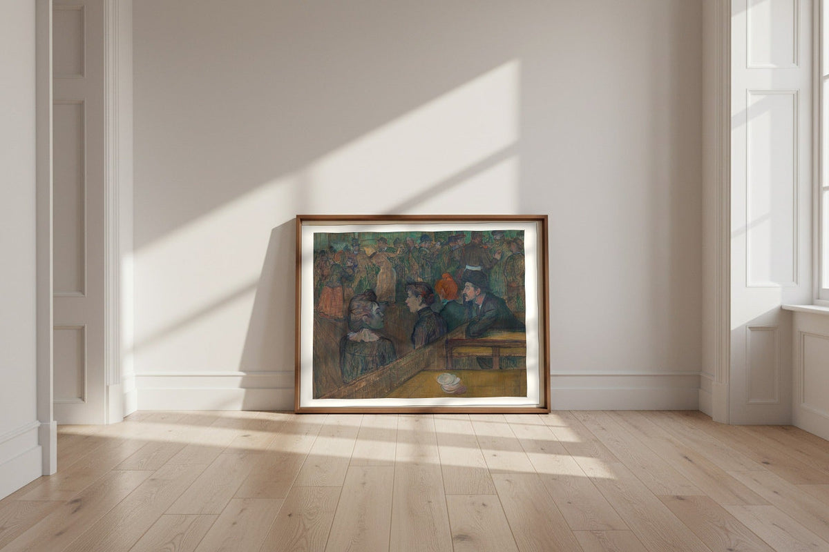 Moulin de la Galette — Henri de Toulouse-Lautrec Fine Art Poster shown framed and leaning against a wall in a sunlit room