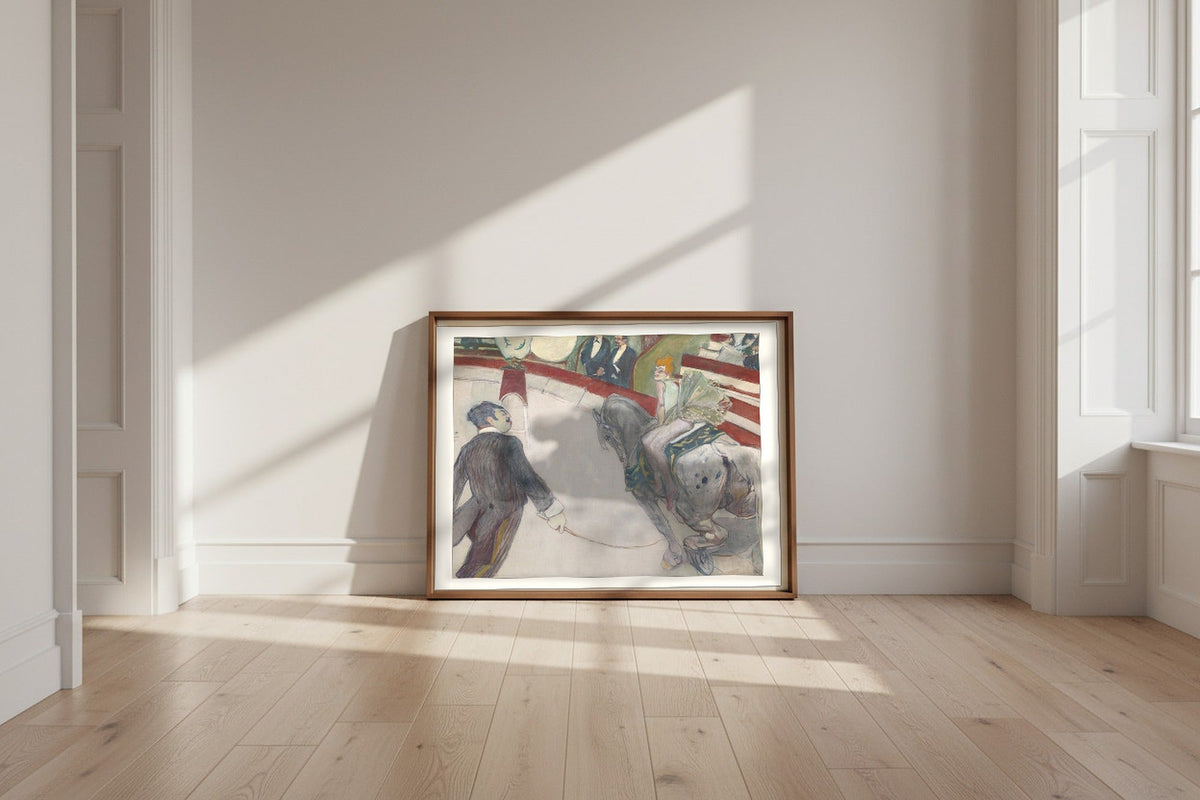 Equestrienne (At the Cirque Fernando) — Henri de Toulouse-Lautrec Fine Art Poster shown framed and leaning against a wall in a sunlit room