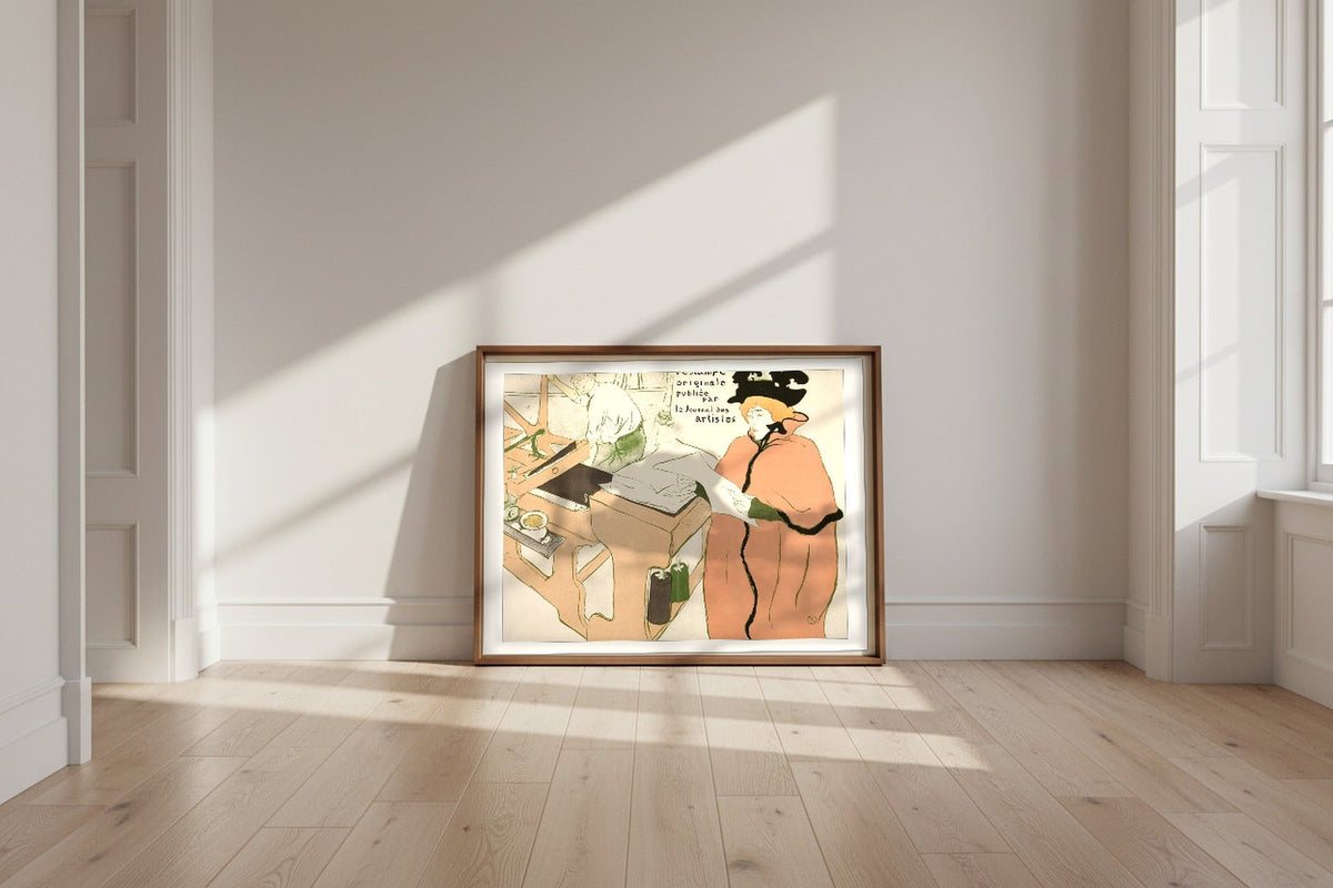 Cover for the first album of L'Estampe originale — Henri de Toulouse-Lautrec Fine Art Poster shown framed and leaning against a wall in a sunlit room
