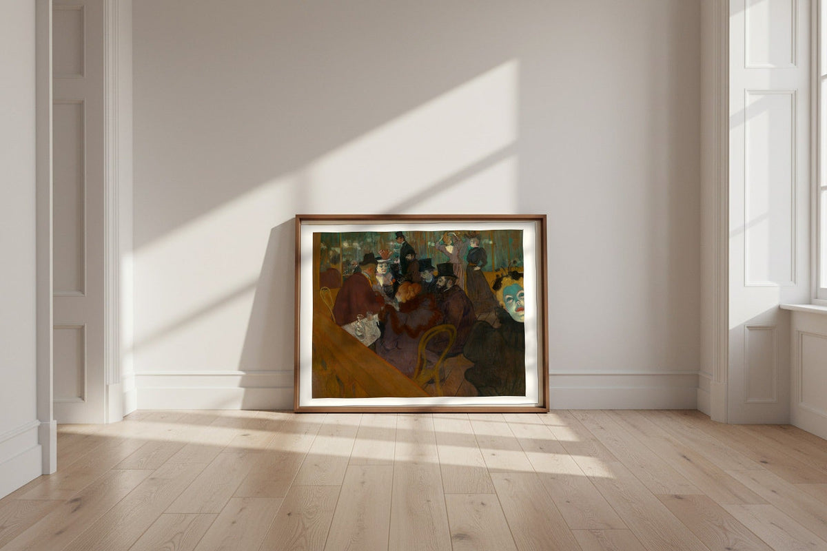 At the Moulin Rouge — Henri de Toulouse-Lautrec Fine Art Poster shown framed and leaning against a wall in a sunlit room