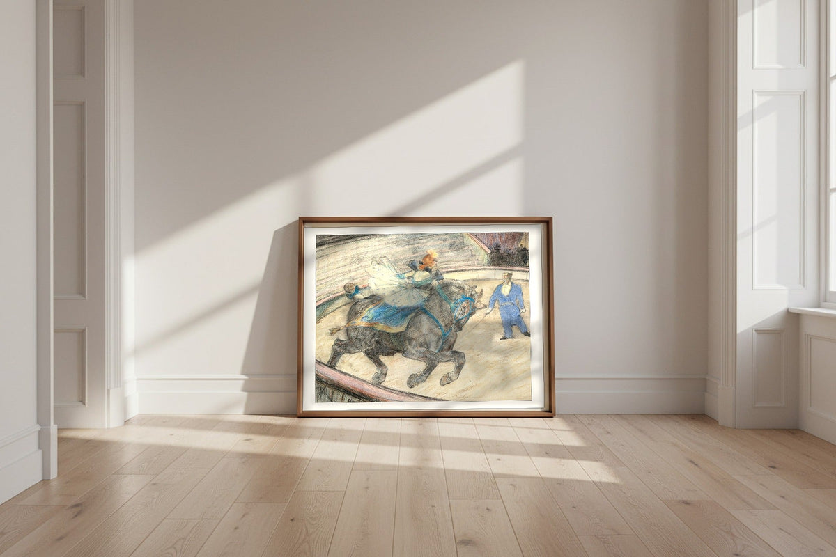 At the Circus: Work in the Ring — Henri de Toulouse-Lautrec Fine Art Poster shown framed and leaning against a wall in a sunlit room