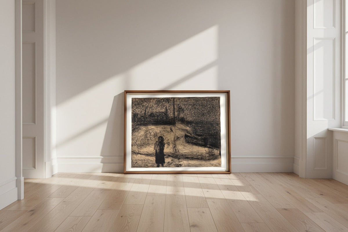 The Zone (Outside the City Walls) — Georges Seurat Fine Art Poster shown framed and leaning against a wall in a sunlit room