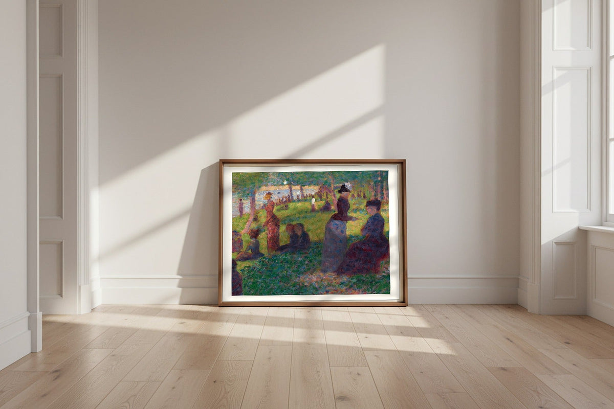 Oil Sketch for A Sunday on La Grande Jatte — Georges Seurat Fine Art Poster shown framed and leaning against a wall in a sunlit room