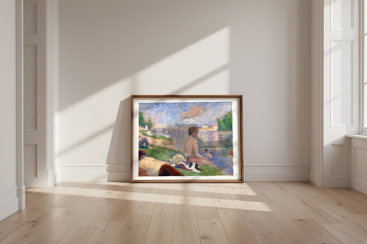 Final Study for Bathers at Asnières — Georges Seurat Fine Art Poster shown framed and leaning against a wall in a sunlit room