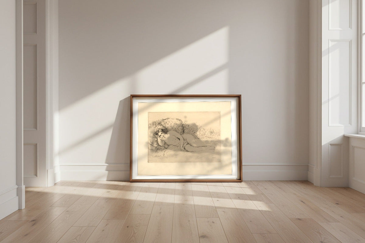 Woman Reclining, to the Left — Pierre-Auguste Renoir Fine Art Poster shown framed and leaning against a wall in a sunlit room