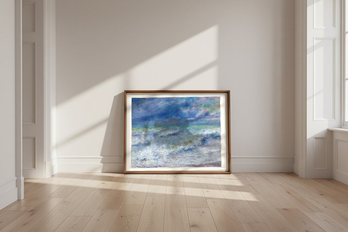 Seascape — Pierre-Auguste Renoir Fine Art Poster shown framed and leaning against a wall in a sunlit room