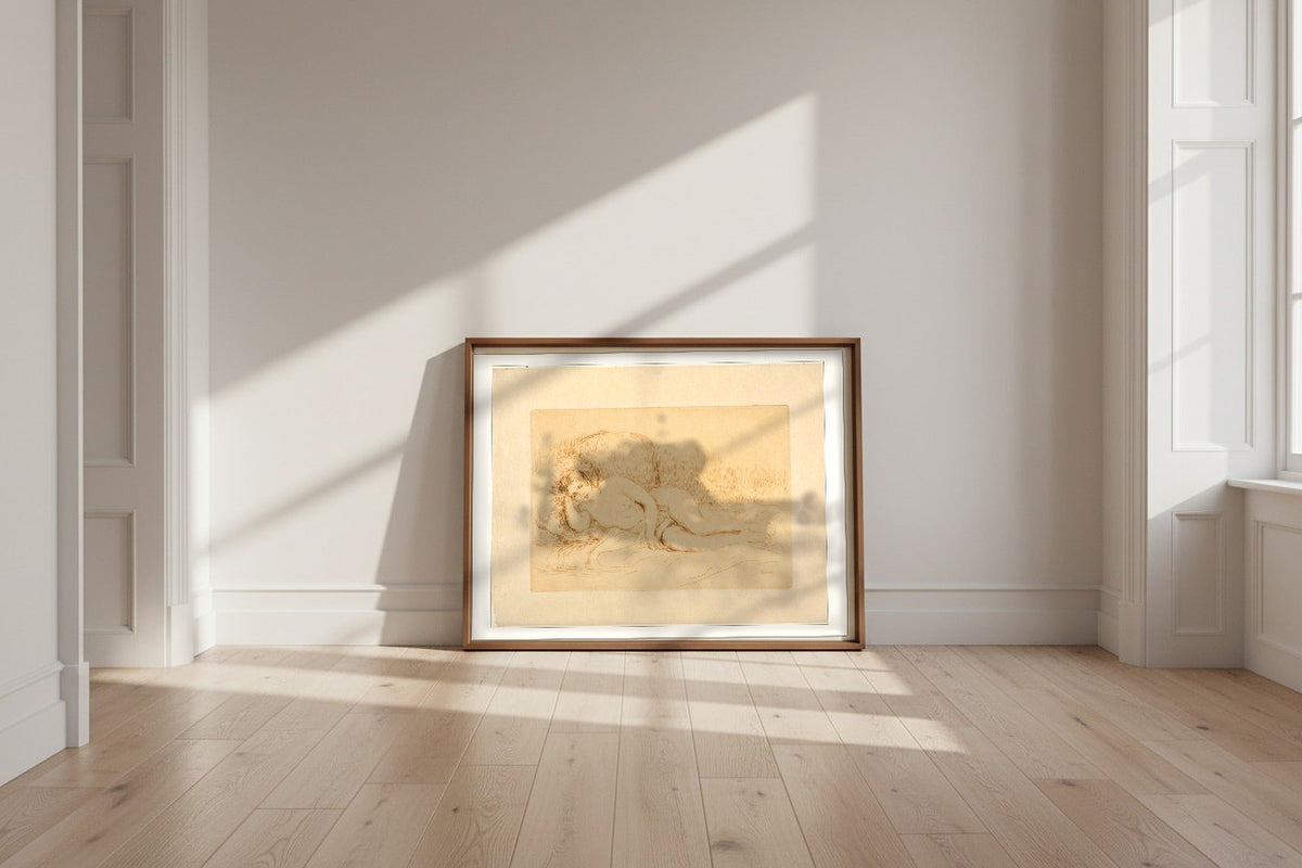 Reclining Nude — Pierre-Auguste Renoir Fine Art Poster shown framed and leaning against a wall in a sunlit room