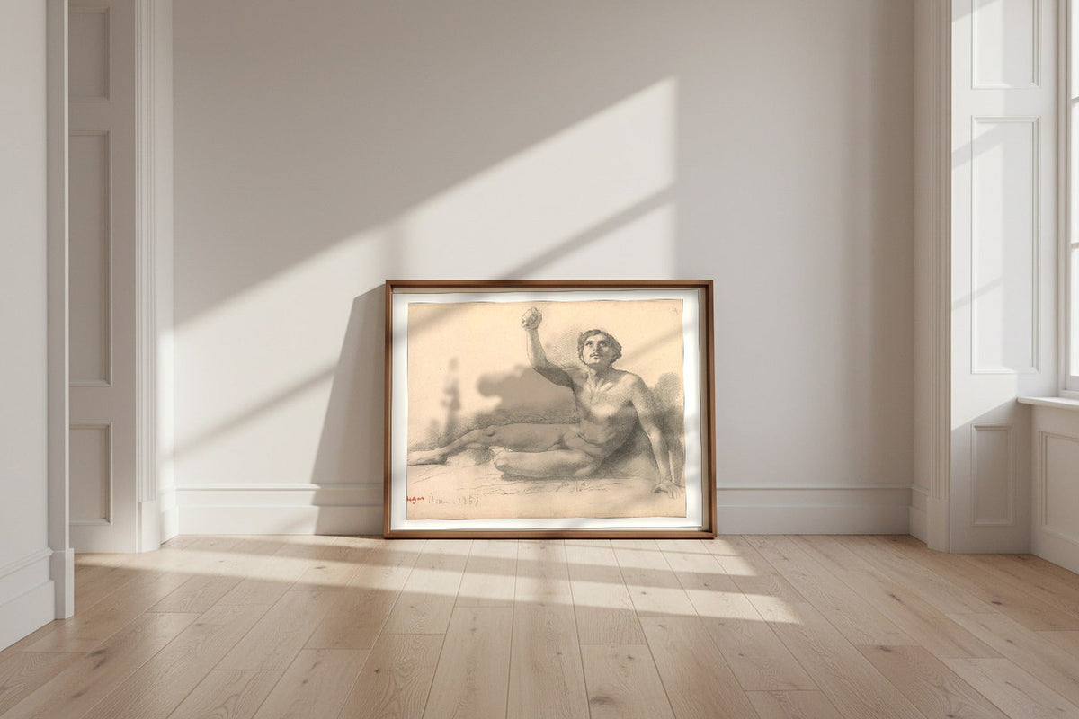 Study of a Male Nude — Edgar Degas Fine Art Poster shown framed and leaning against a wall in a sunlit room