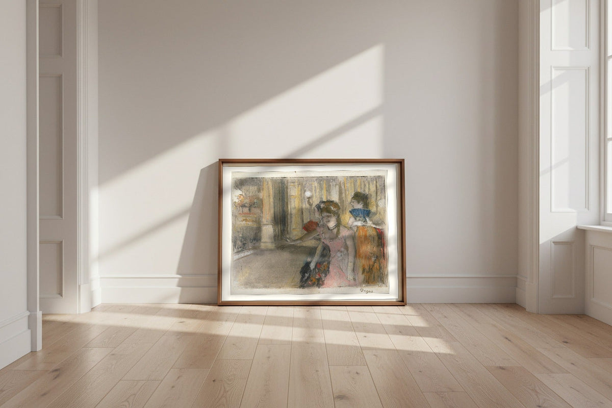 Singers on the Stage — Edgar Degas Fine Art Poster shown framed and leaning against a wall in a sunlit room