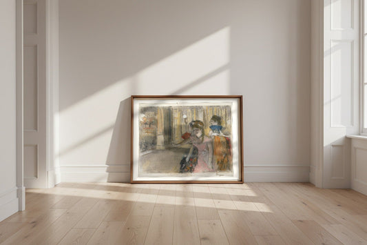 Singers on the Stage — Edgar Degas Fine Art Poster shown framed and leaning against a wall in a sunlit room