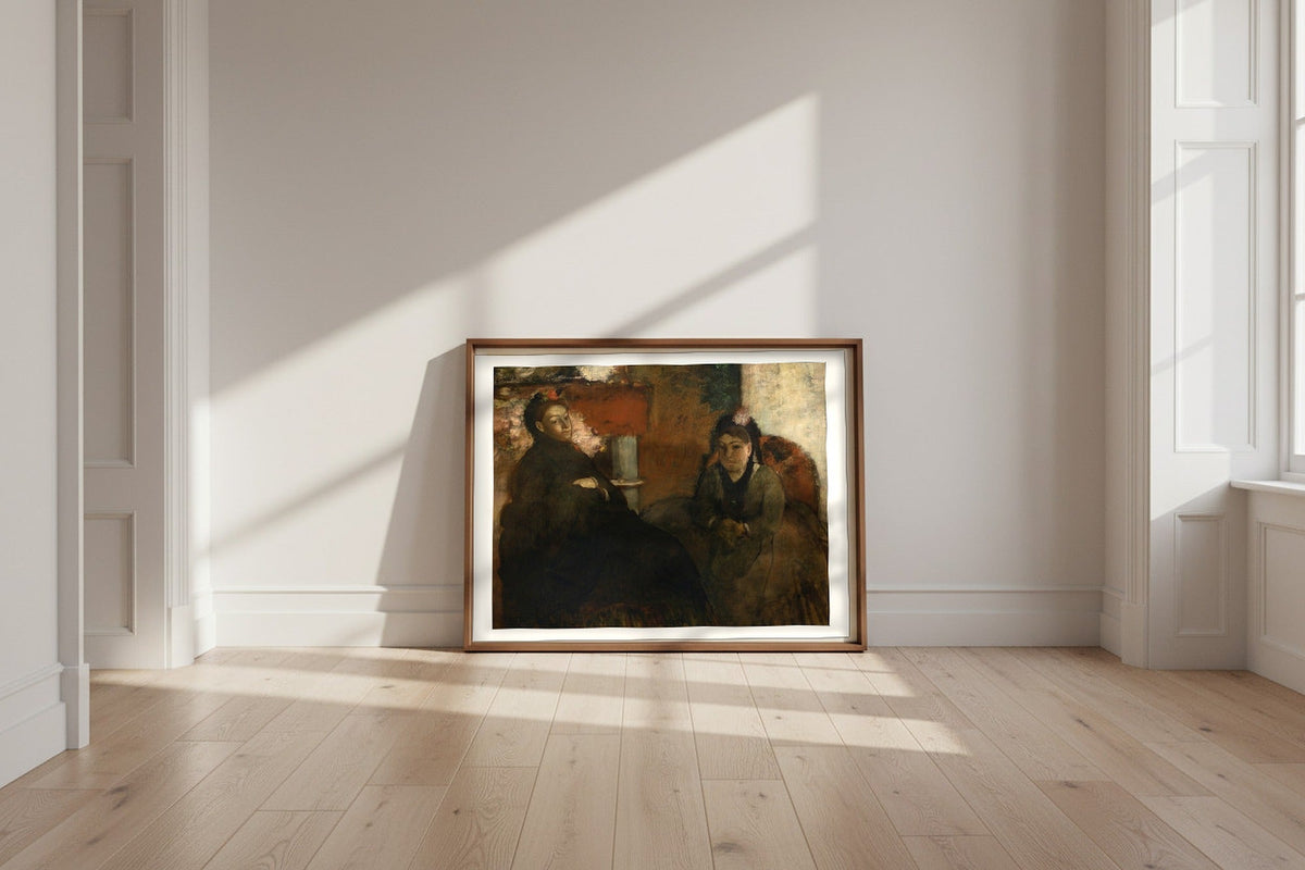 Portrait of Mme Lisle and Mme Loubens — Edgar Degas Fine Art Poster shown framed and leaning against a wall in a sunlit room