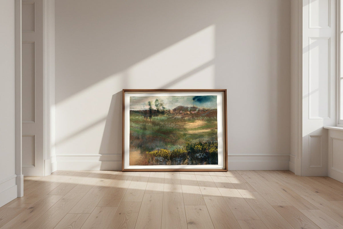 Landscape with Smokestacks — Edgar Degas Fine Art Poster shown framed and leaning against a wall in a sunlit room