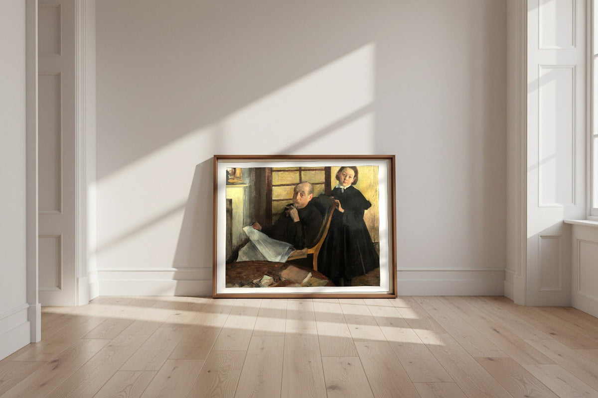 Henri Degas and His Niece Lucie Degas (The Artist's Uncle and Cousin) — Edgar Degas Fine Art Poster shown framed and leaning against a wall in a sunlit room