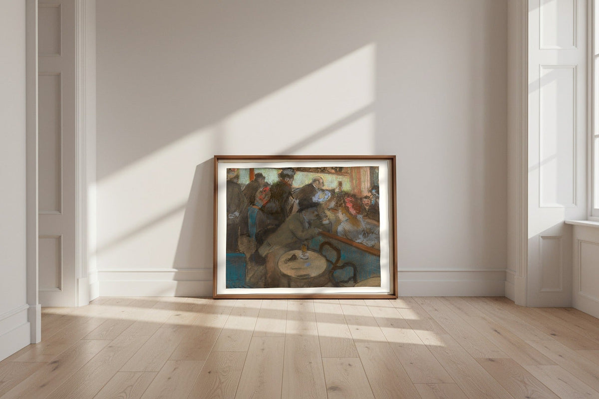 Café-Concert (The Spectators) — Edgar Degas Fine Art Poster shown framed and leaning against a wall in a sunlit room
