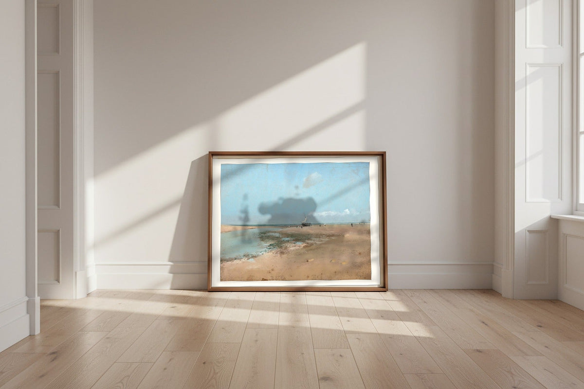 Beach at Low Tide (Mouth of the River) — Edgar Degas Fine Art Poster shown framed and leaning against a wall in a sunlit room