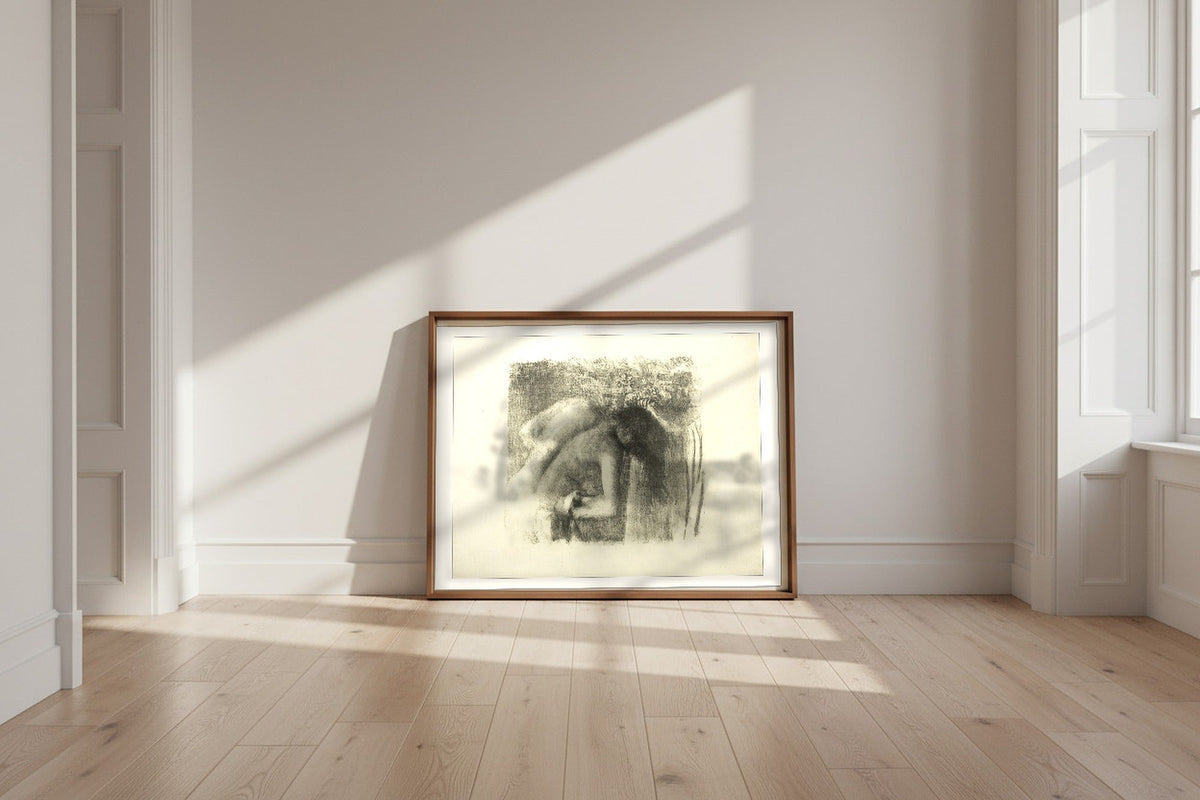 After the Bath (Large Version) — Edgar Degas Fine Art Poster shown framed and leaning against a wall in a sunlit room