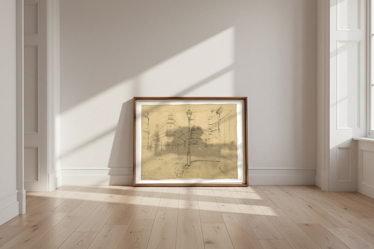 Study for Paris Street; Rainy Day — Gustave Caillebotte Fine Art Poster shown framed and leaning against a wall in a sunlit room