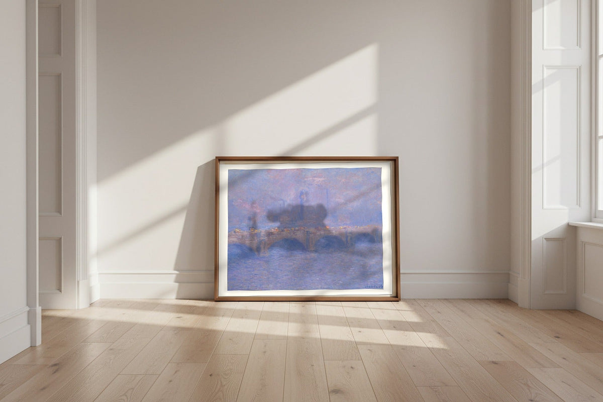 Waterloo Bridge, Sunlight Effect — Claude Monet Fine Art Poster shown framed and leaning against a wall in a sunlit room