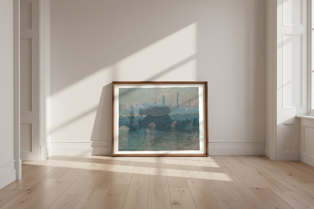 Waterloo Bridge, Gray Weather — Claude Monet Fine Art Poster shown framed and leaning against a wall in a sunlit room