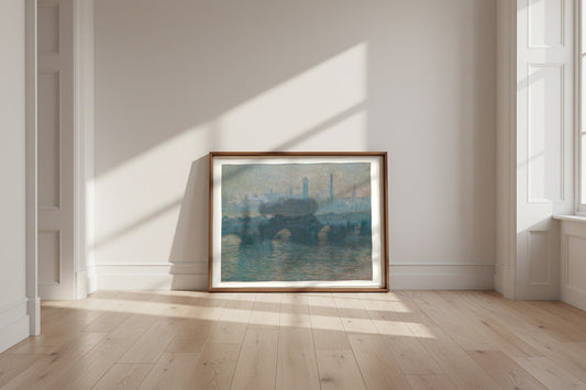 Waterloo Bridge, Gray Weather — Claude Monet Fine Art Poster shown framed and leaning against a wall in a sunlit room