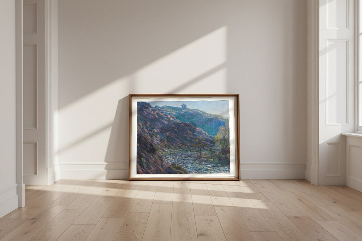 The Petite Creuse River — Claude Monet Fine Art Poster shown framed and leaning against a wall in a sunlit room