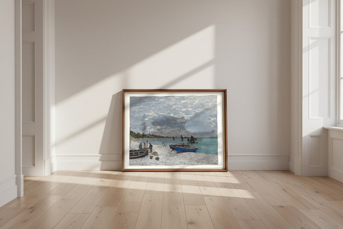 The Beach at Sainte-Adresse — Claude Monet Fine Art Poster shown framed and leaning against a wall in a sunlit room