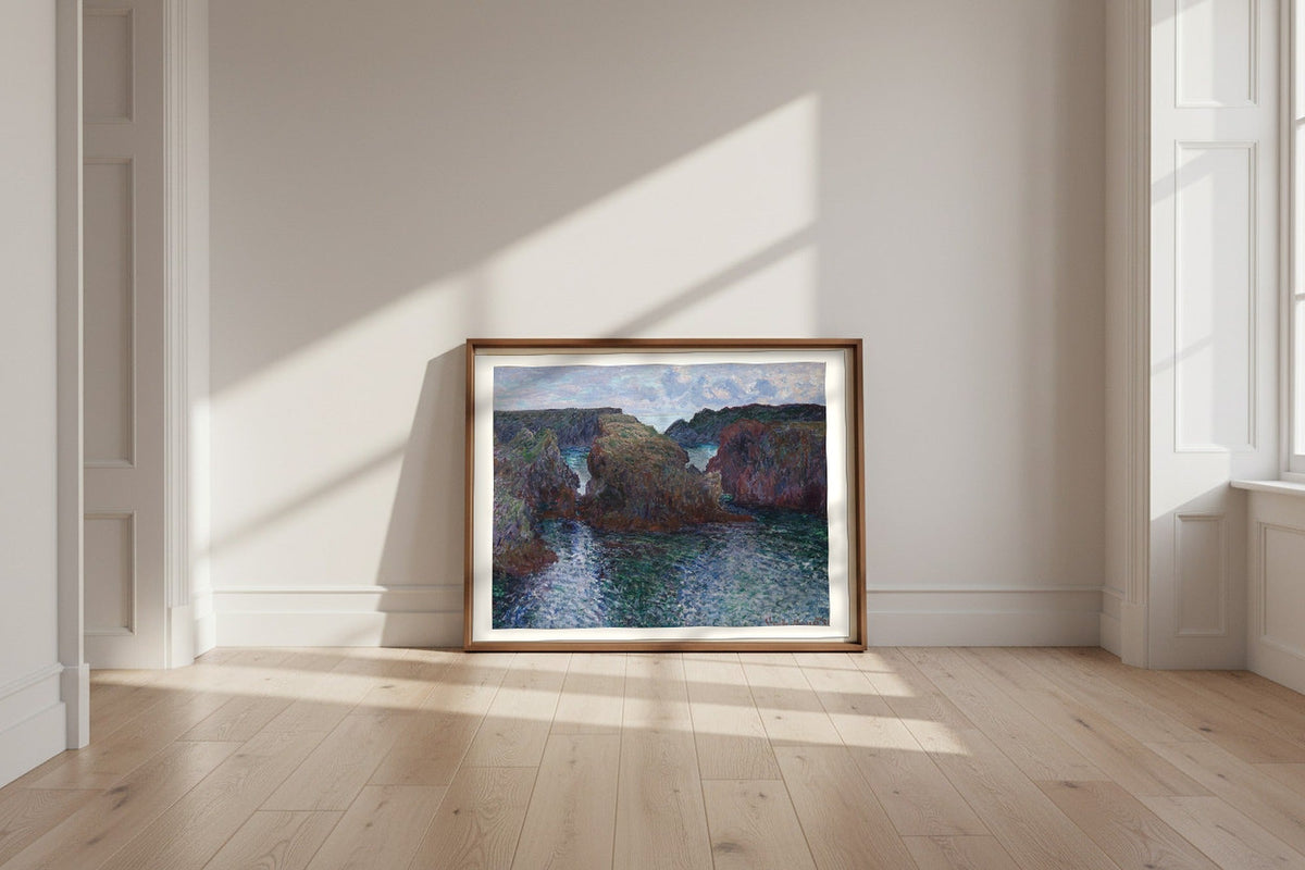 Rocks at Port-Goulphar, Belle-Île — Claude Monet Fine Art Poster shown framed and leaning against a wall in a sunlit room