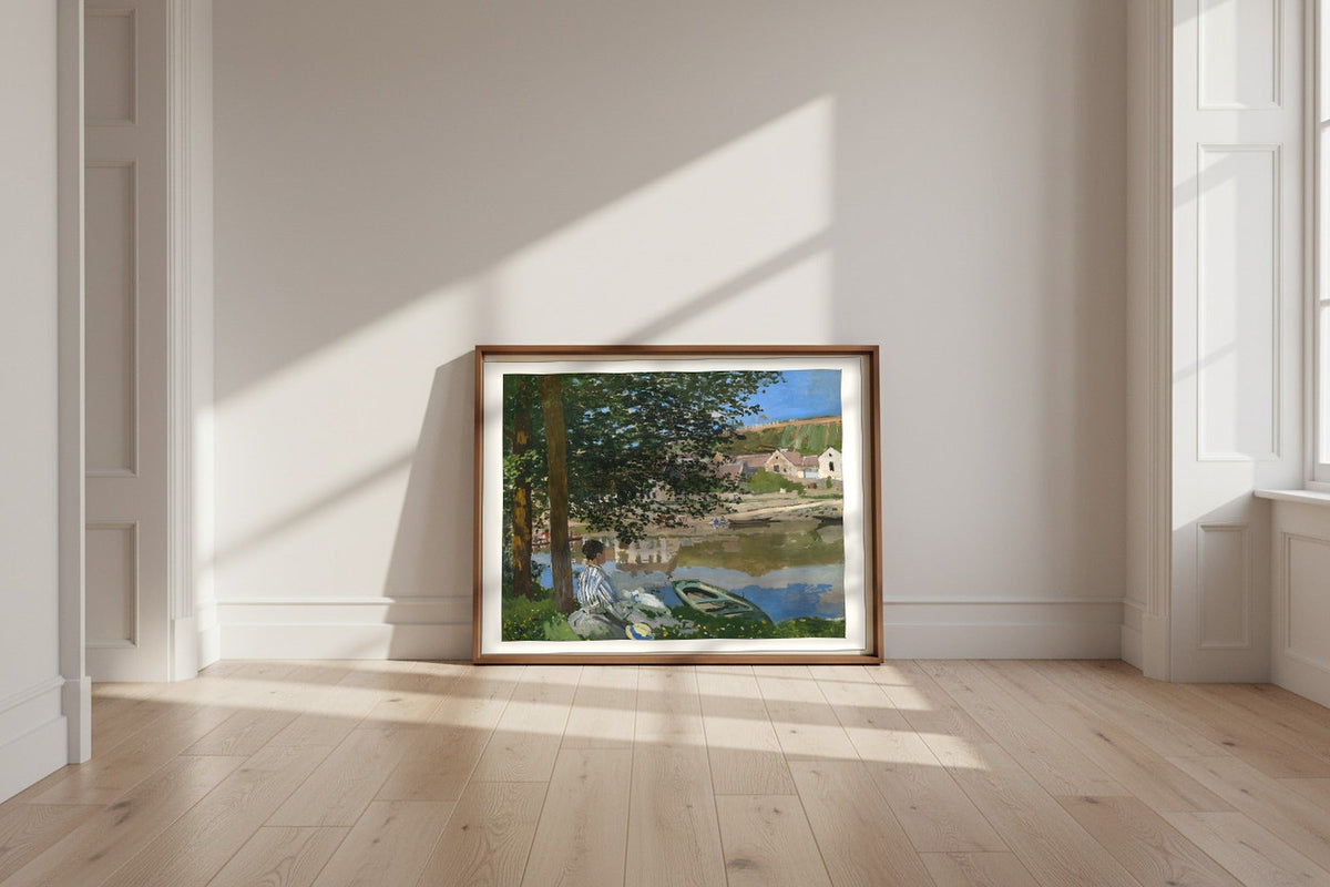 On the Bank of the Seine, Bennecourt — Claude Monet Fine Art Poster shown framed and leaning against a wall in a sunlit room