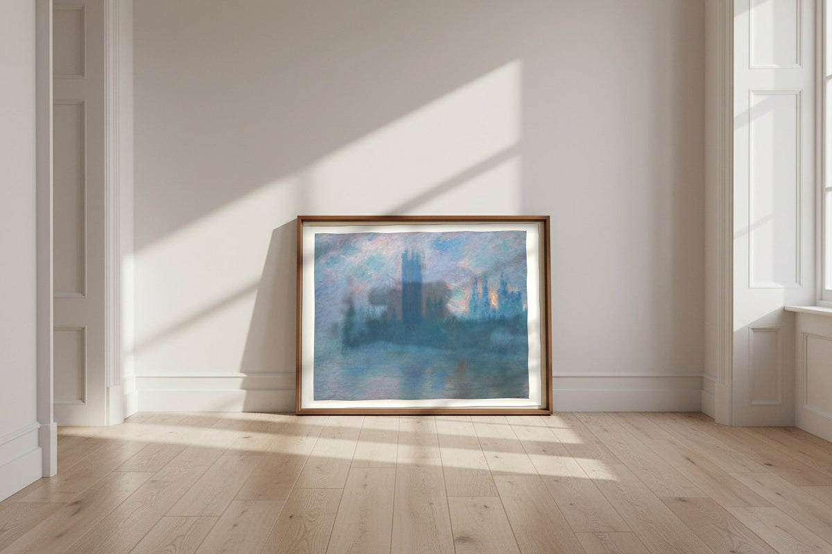 Houses of Parliament, London — Claude Monet Fine Art Poster shown framed and leaning against a wall in a sunlit room