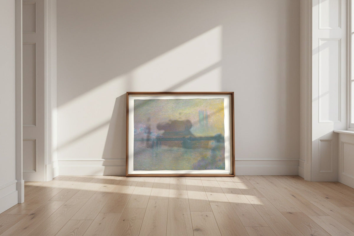Charing Cross Bridge, London — Claude Monet Fine Art Poster shown framed and leaning against a wall in a sunlit room
