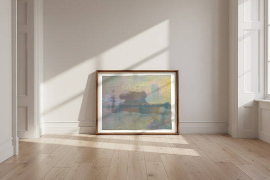Charing Cross Bridge, London — Claude Monet Fine Art Poster shown framed and leaning against a wall in a sunlit room