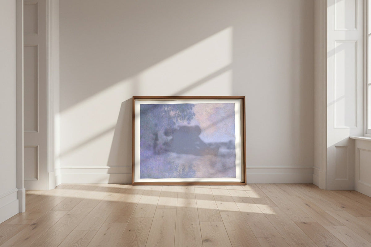 Branch of the Seine near Giverny (Mist) — Claude Monet Fine Art Poster shown framed and leaning against a wall in a sunlit room