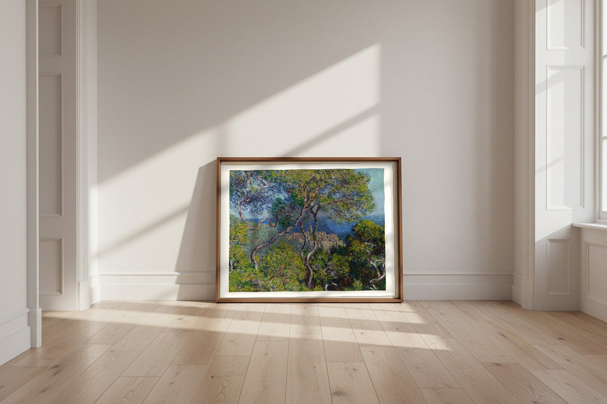 Bordighera — Claude Monet Fine Art Poster shown framed and leaning against a wall in a sunlit room