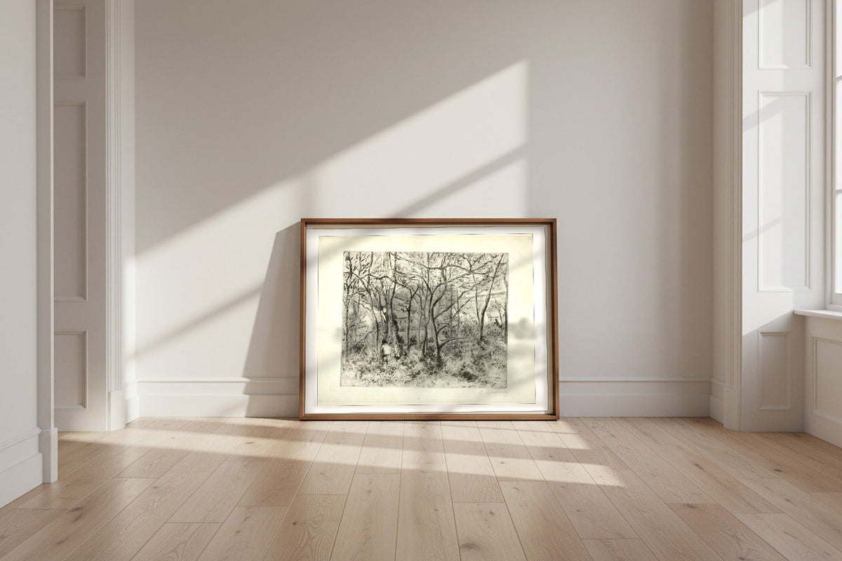 Woodlands at the Hermitage — Camille Pissarro Fine Art Poster shown framed and leaning against a wall in a sunlit room