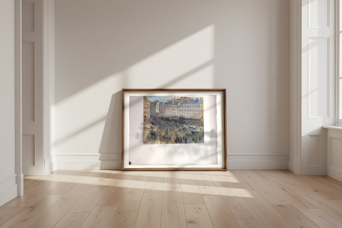 The Place du Havre, Paris — Camille Pissarro Fine Art Poster shown framed and leaning against a wall in a sunlit room